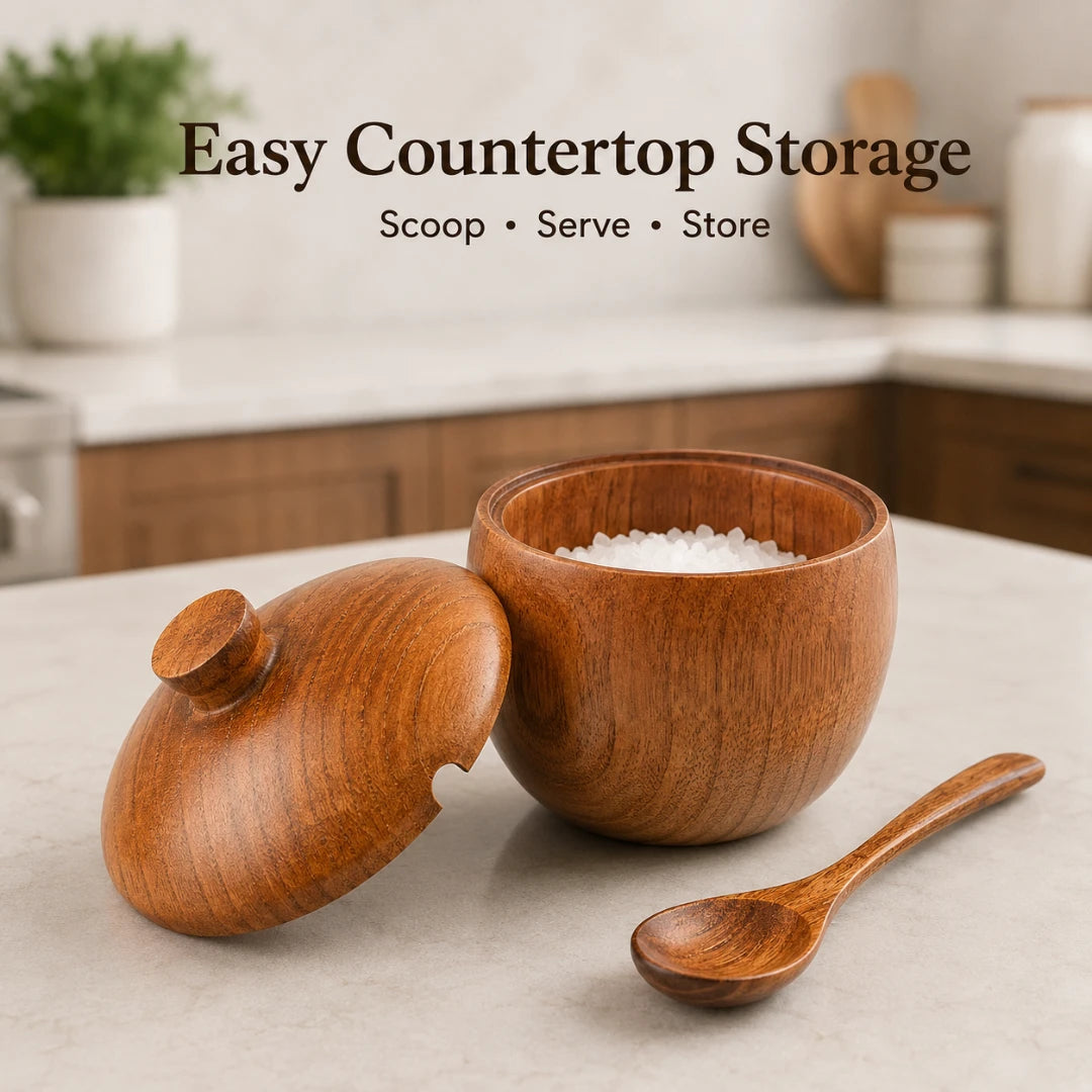 Josh & Tate - Seasoning Can Solid Wood Sour Jujube Solid Seasoning Box - A wooden countertop storage set with a rounded bowl filled with white granules, a matching lid leaning beside it, and a small wooden spoon on a light stone surface. Text at the top reads 'Easy Countertop Storage' and 'Scoop • Serve • Store'.