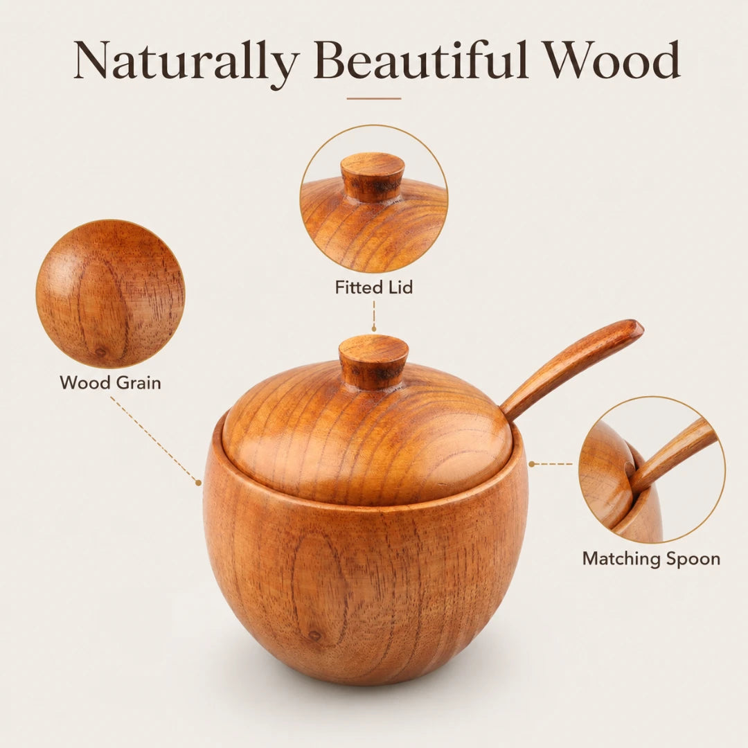 Josh & Tate - Seasoning Can Solid Wood Sour Jujube Solid Seasoning Box - A round wooden tea or sauce container with a fitted lid and a long handle, shown on a light beige background with callout circles highlighting the wood grain, lid fit, and matching spoon.