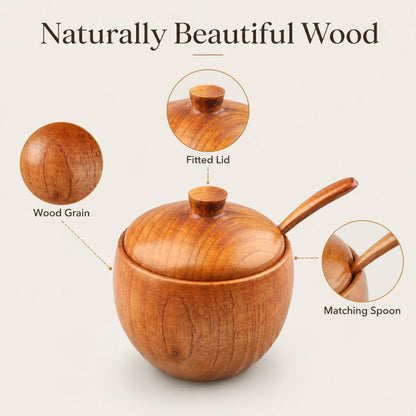 Josh & Tate - Seasoning Can Solid Wood Sour Jujube Solid Seasoning Box - A round wooden tea or sauce container with a fitted lid and a long handle, shown on a light beige background with callout circles highlighting the wood grain, lid fit, and matching spoon.