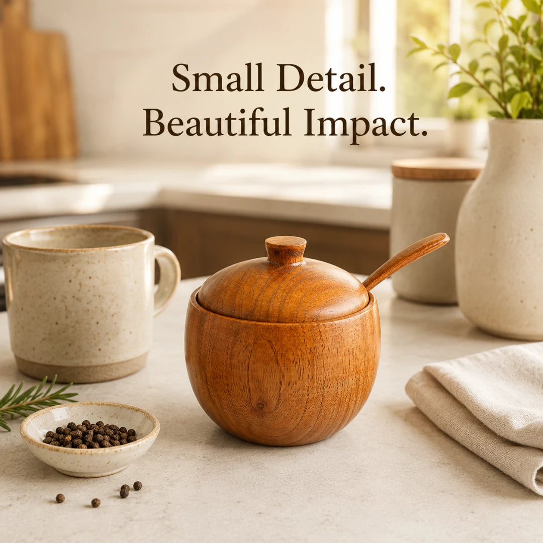 Josh & Tate - Seasoning Can Solid Wood Sour Jujube Solid Seasoning Box - A small round wooden lidded container with a spoon handle sits on a light countertop in a softly styled kitchen scene. A speckled cream mug, a small dish of peppercorns, folded cloth, and a vase with greenery are nearby.