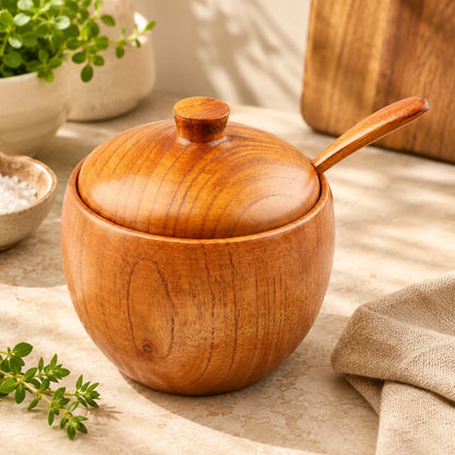 Josh & Tate - Seasoning Can Solid Wood Sour Jujube Solid Seasoning Box - A round wooden lidded container with a spoon handle, photographed on a beige tabletop with plants, salt bowl, and linen cloth around it.