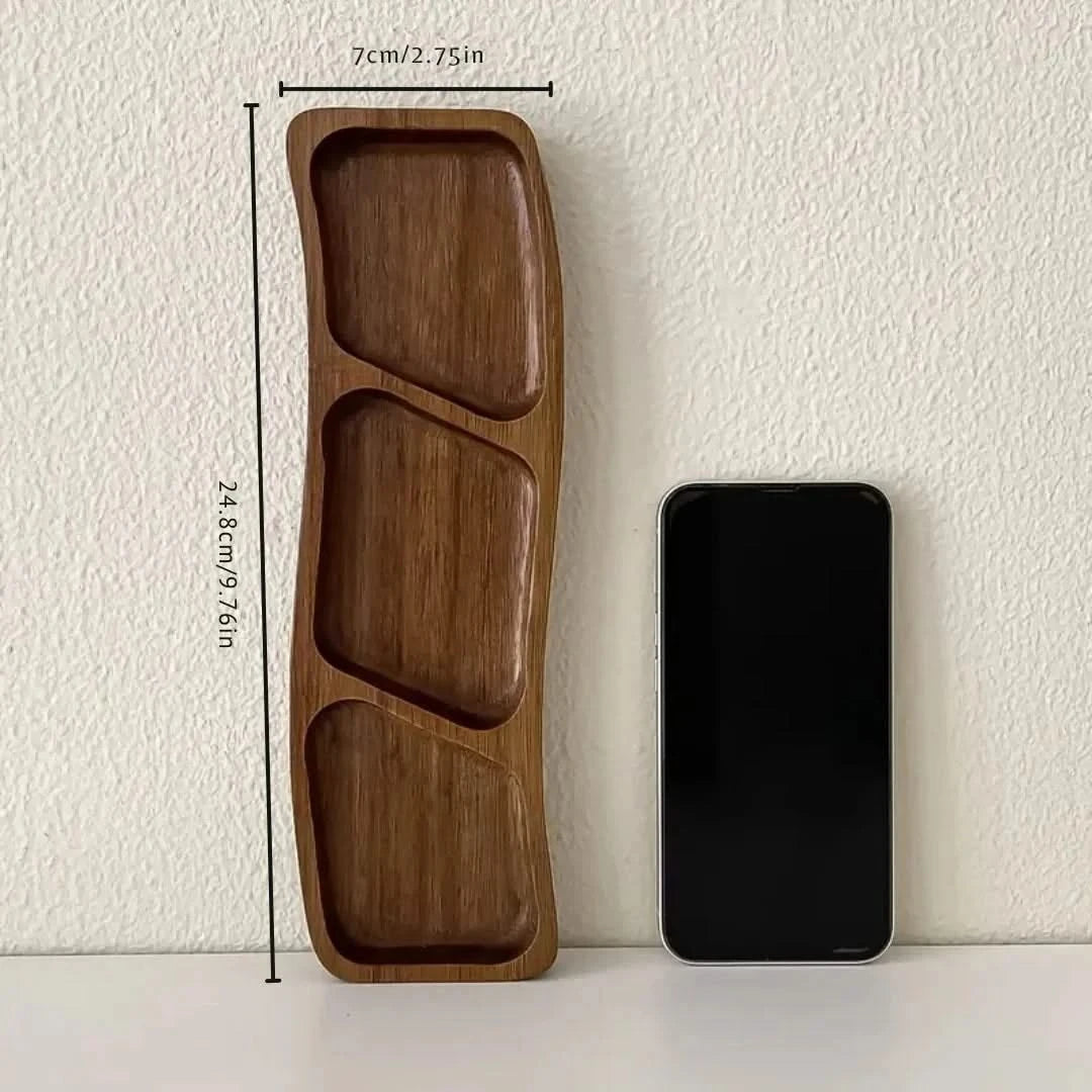 Josh & Tate - Sectioned Wooden Serving Tray - Wooden tray with compartments next to a smartphone on a white surface
