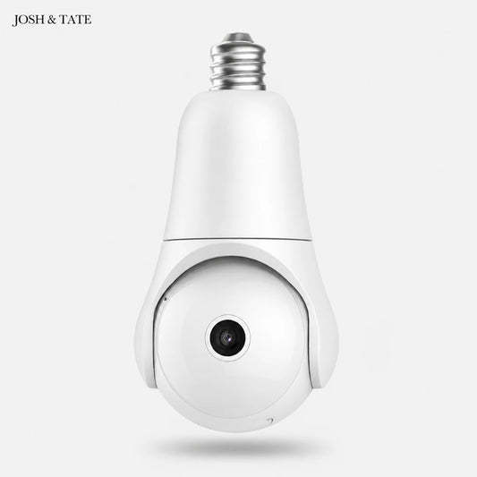 Josh & Tate - SentrySocket™ 360° Bulb Security Camera - White security camera designed like a light bulb on a white background, branded 'JOSH & TATE'.