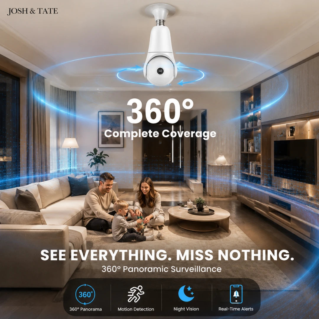 Josh & Tate - SentrySocket™ 360° Bulb Security Camera - Smart home security camera with 360-degree coverage in a living room setting, featuring a family.