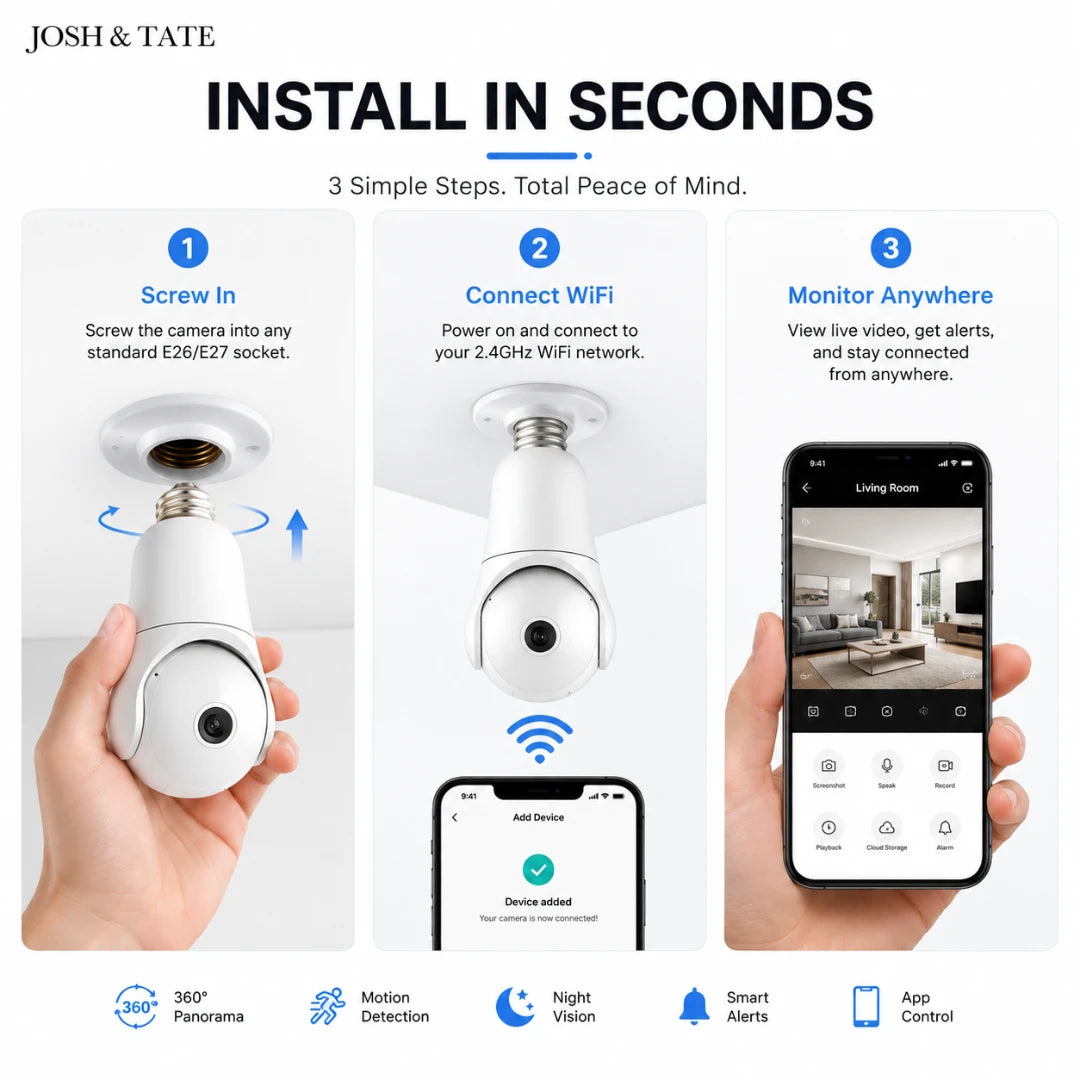 Josh & Tate - SentrySocket™ 360° Bulb Security Camera - Smart camera installation process with smartphone app on a white background