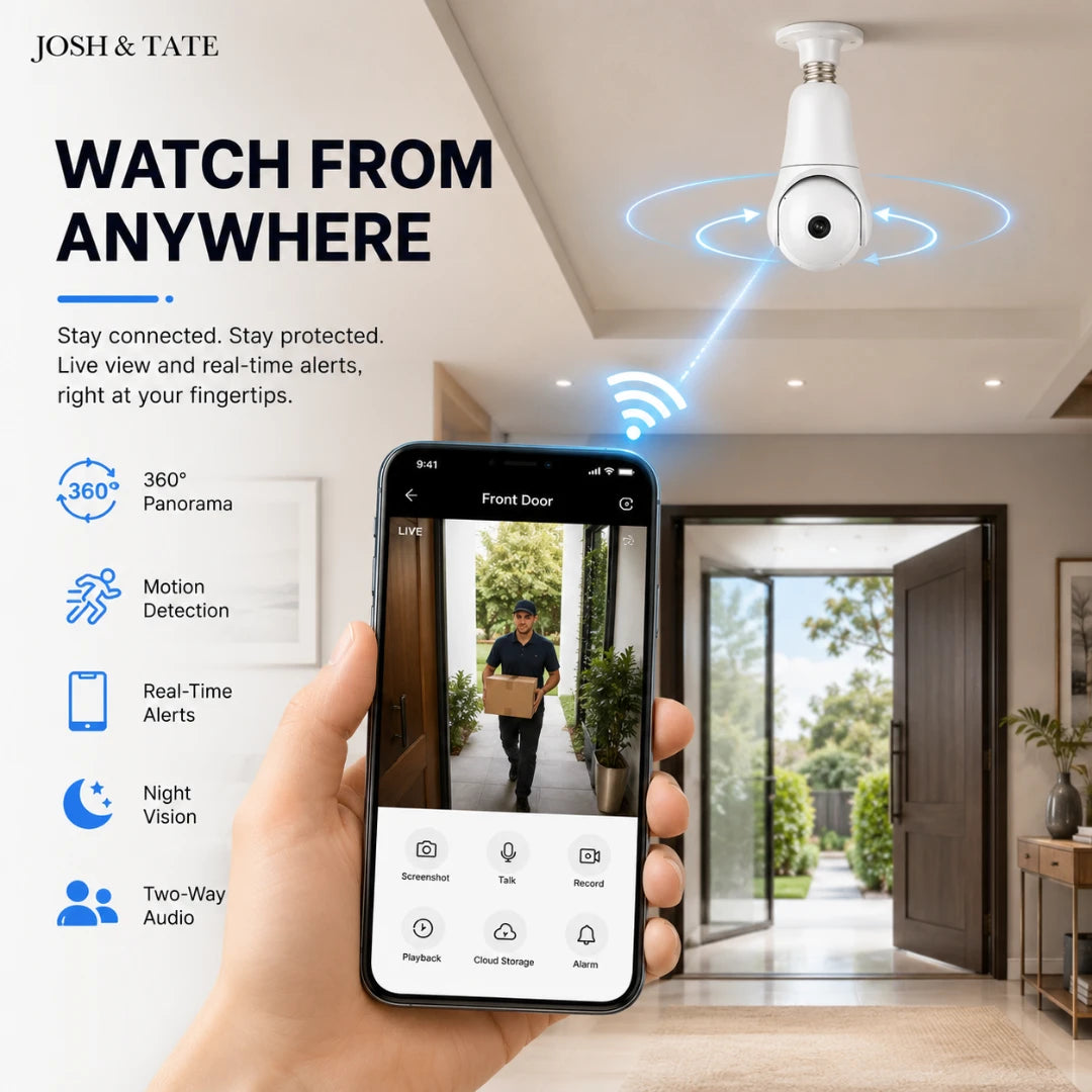 Josh & Tate - SentrySocket™ 360° Bulb Security Camera - Smart home security camera system with smartphone app interface, 'Watch from Anywhere' feature, and 360-degree panorama capability.