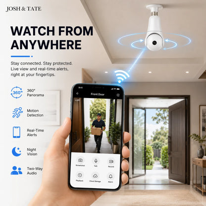 Josh & Tate - SentrySocket™ 360° Bulb Security Camera - Smart home security camera system with smartphone app interface, 'Watch from Anywhere' feature, and 360-degree panorama capability.