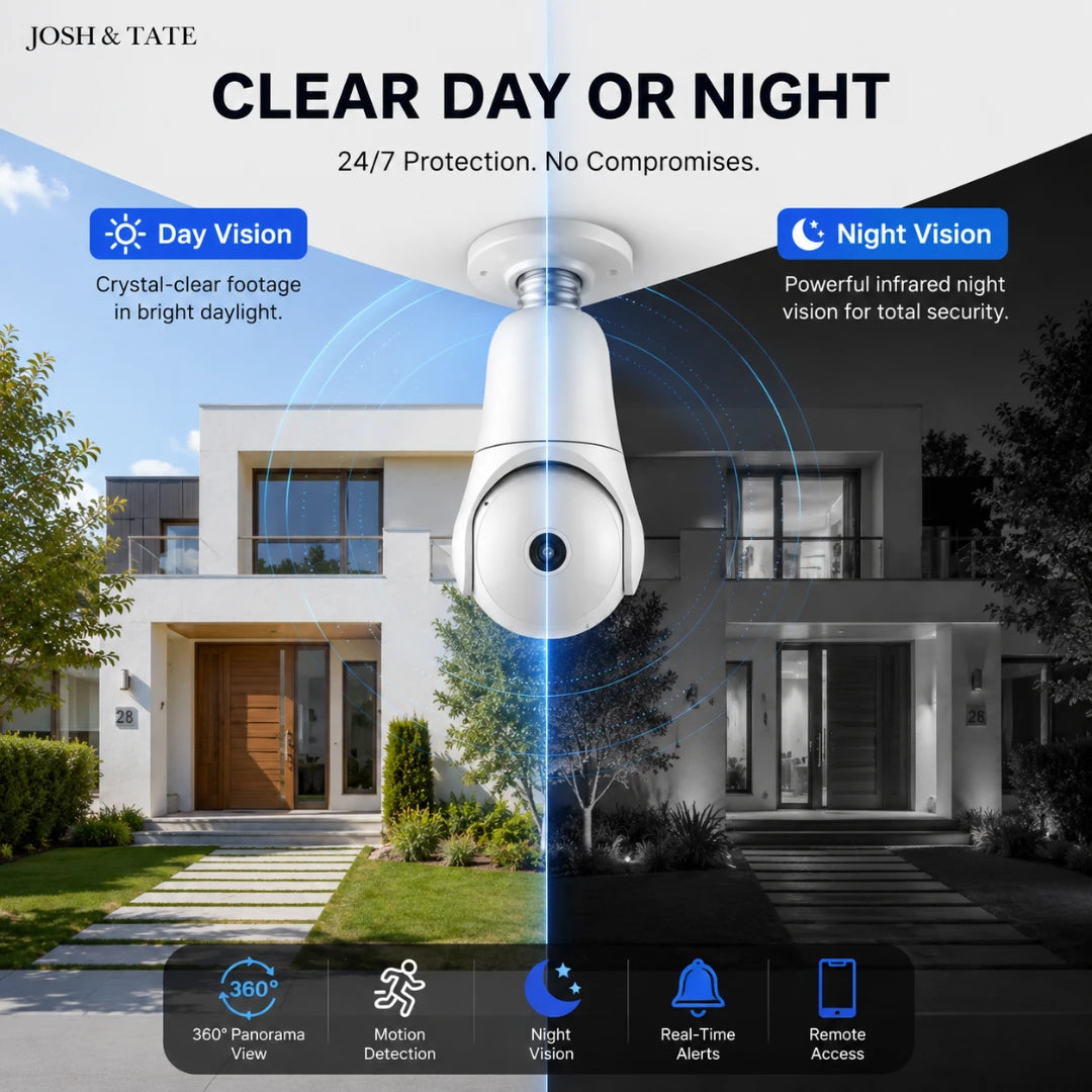 Josh & Tate - SentrySocket™ 360° Bulb Security Camera - Outdoor security camera with day and night vision features, displayed in front of a house.