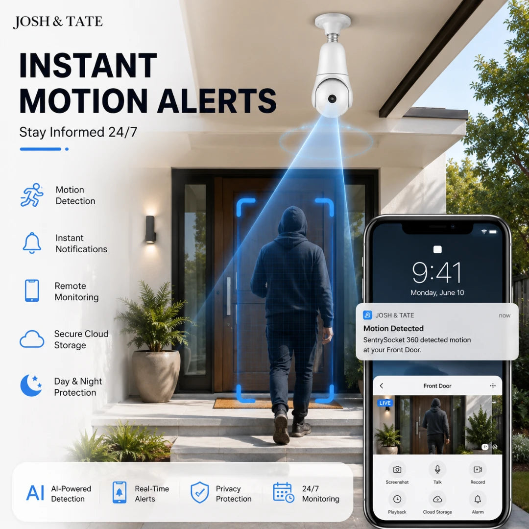 Josh & Tate - SentrySocket™ 360° Bulb Security Camera - Home security system with motion detector and smartphone app interface, featuring Josh & Tate brand.
