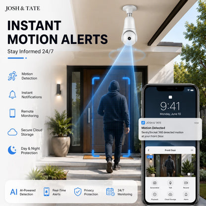 Josh & Tate - SentrySocket™ 360° Bulb Security Camera - Home security system with motion detector and smartphone app interface, featuring Josh & Tate brand.