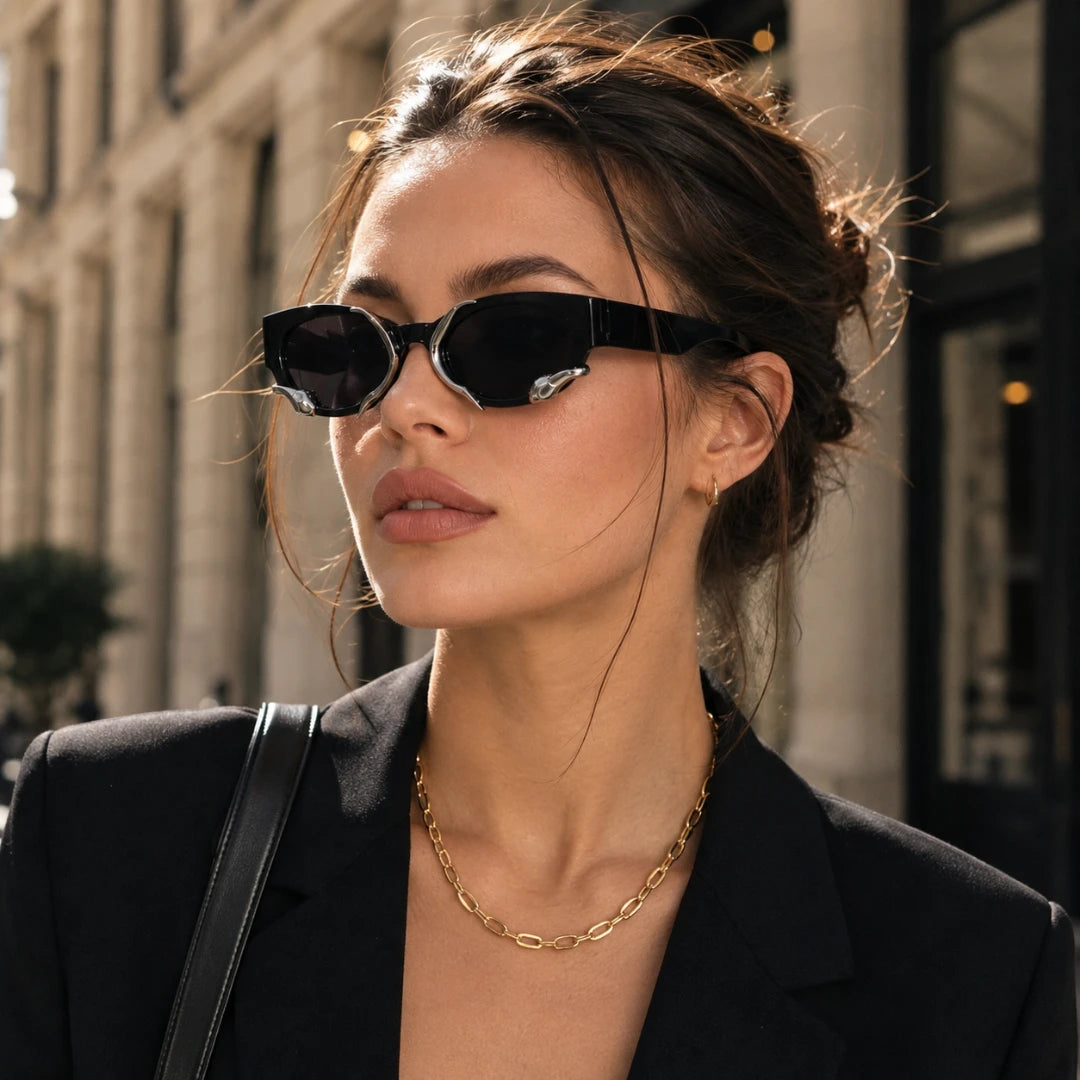 Josh & Tate - SerpentEdge™ Statement Sunglasses - A woman wearing black cat-eye sunglasses with silver metal frames and a gold chain necklace, dressed in a black blazer on a city street.