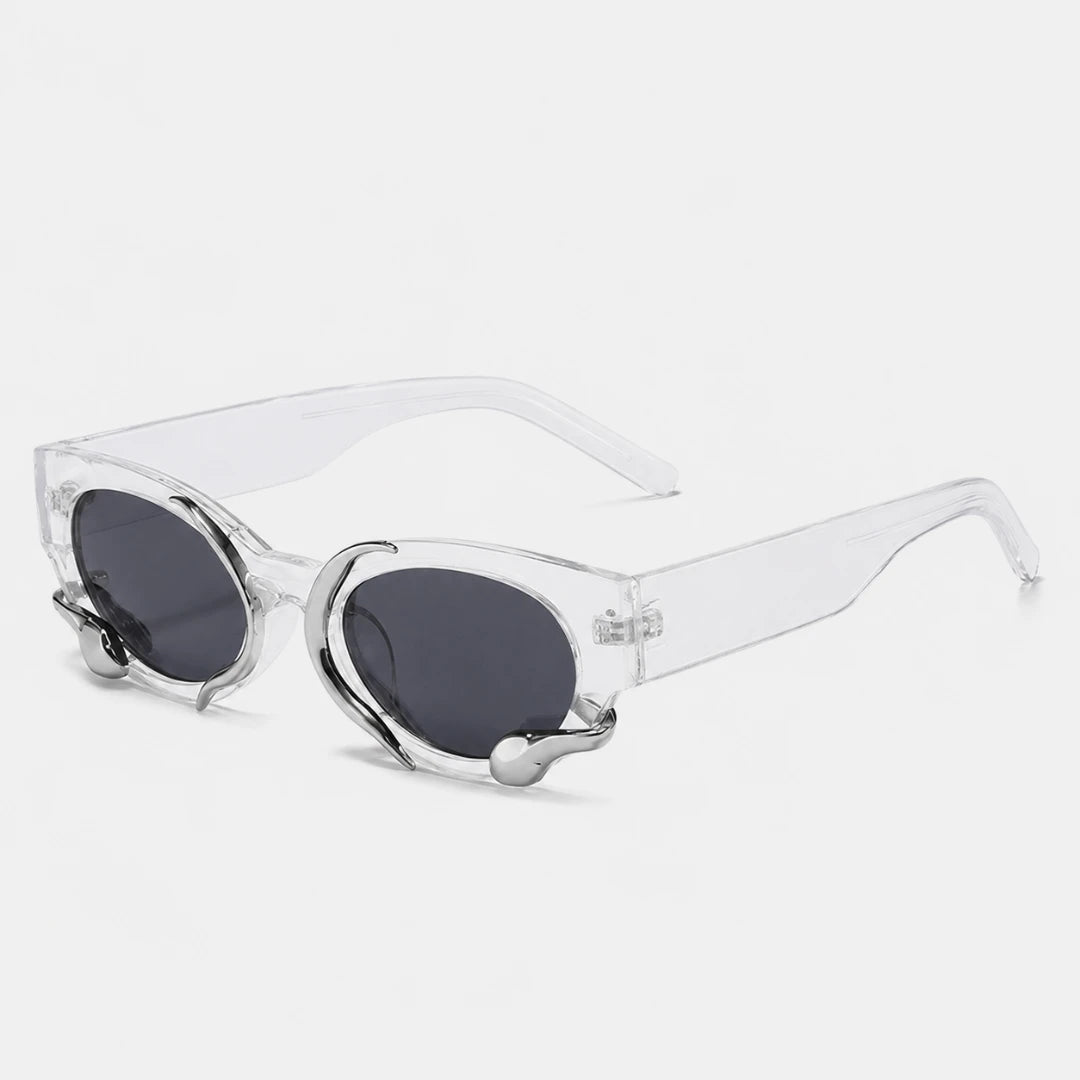 Jos & Tate - SerpentEdge™ Statement Sunglasses - Cat-eye rimless sunglasses with gradient purple lenses and gold metal frames with tortoiseshell temples, shown on a light gray background.