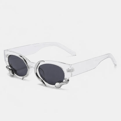Jos & Tate - SerpentEdge™ Statement Sunglasses - Cat-eye rimless sunglasses with gradient purple lenses and gold metal frames with tortoiseshell temples, shown on a light gray background.