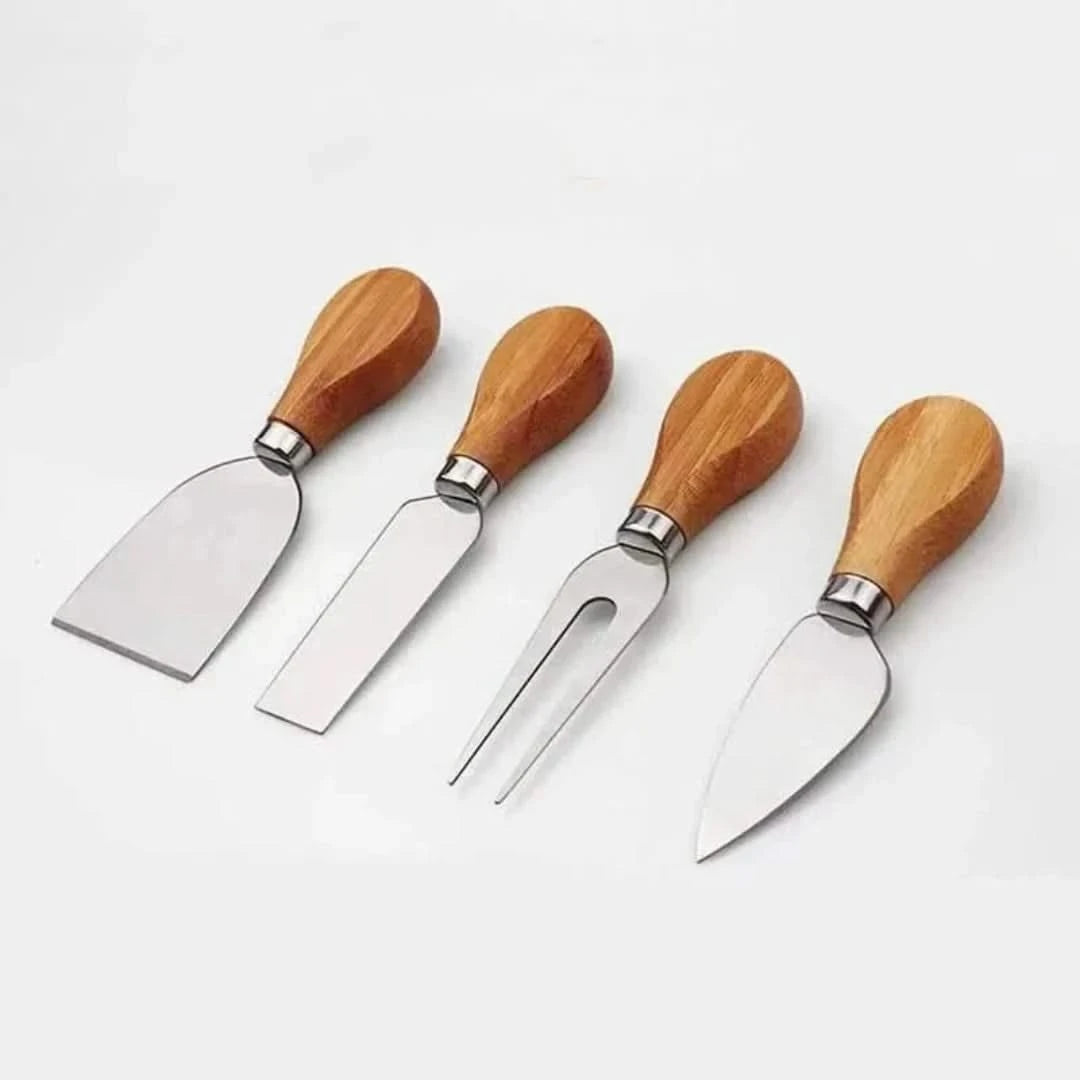 Josh & Tate - Serving Board Set with Built-In Knife Holder - Set of four cheese tools with wooden handles on a white background
