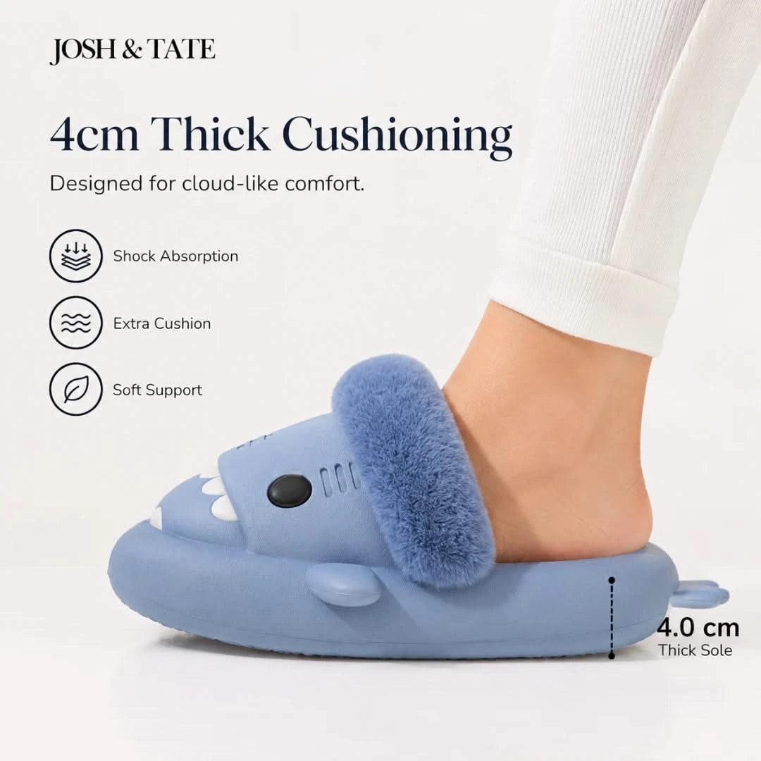 Josh & Tate - SharkStep™ Plush Slip-On Slipper - Blue slipper with thick cushioning on a white background, featuring Josh & Tate branding.