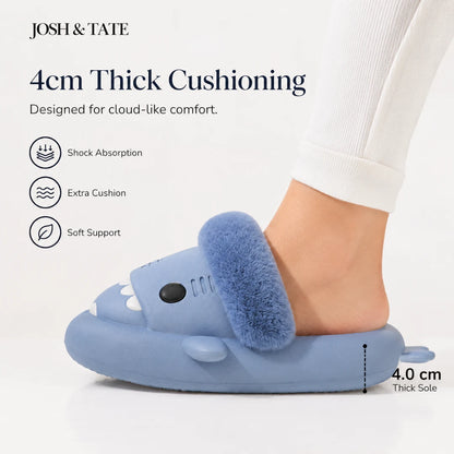 Josh & Tate - SharkStep™ Plush Slip-On Slipper - Blue slipper with thick cushioning on a white background, featuring Josh & Tate branding.