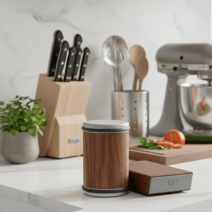 Wooden container with digital display on a kitchen counter with utensils and appliances in the background.