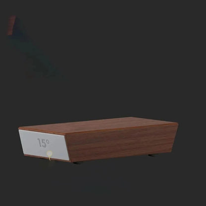Wooden device with digital display on a dark background