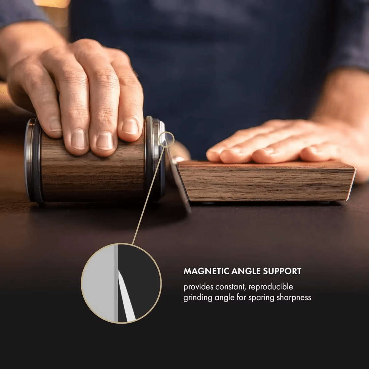 Person using a wooden tool with magnetic angle support on a dark surface