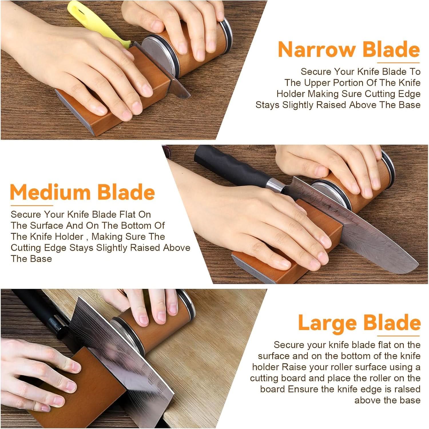 Instructions on how to use a knife sharpener for different blade sizes.