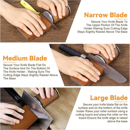 Instructions on how to use a knife sharpener for different blade sizes.