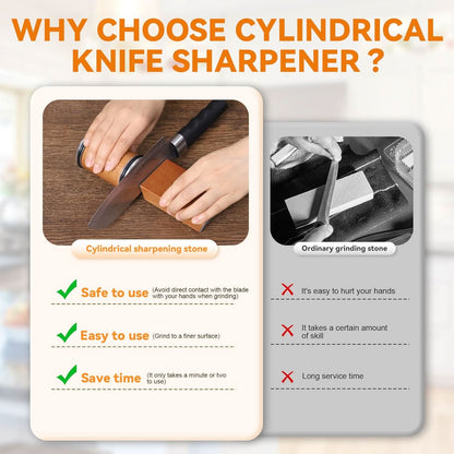 Comparison of cylindrical knife sharpeners with text highlighting benefits.