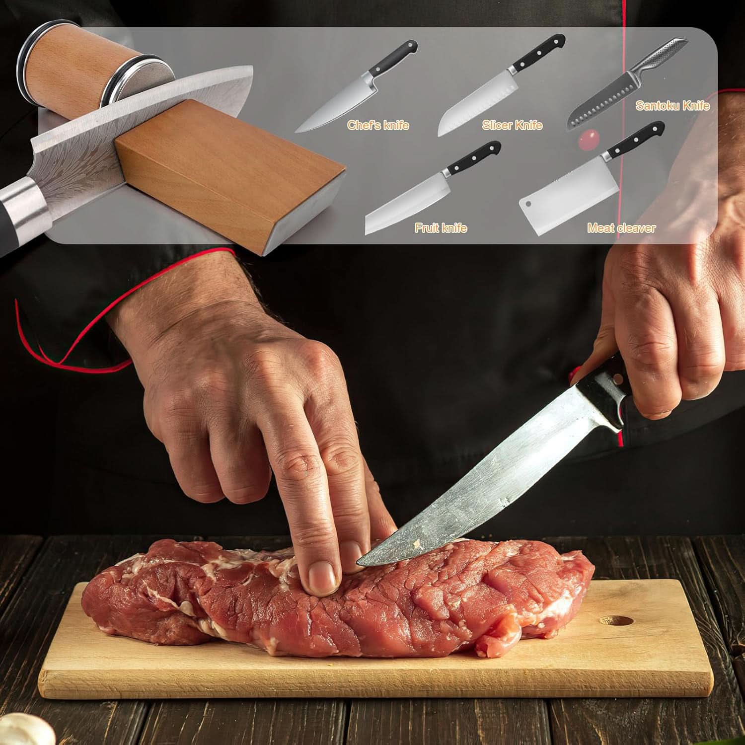 Person cutting meat with a knife on a wooden board, with knife types displayed above.