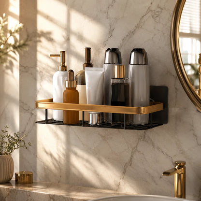 Josh & Tate - ShelfLoft™ Adhesive Shower Shelf - A gold-framed black bathroom wall shelf mounted on a marble wall, holding assorted toiletries including bottles, a tube, and containers. A gold faucet, marble countertop, and part of a round mirror are visible in a sunlit bathroom setting.
