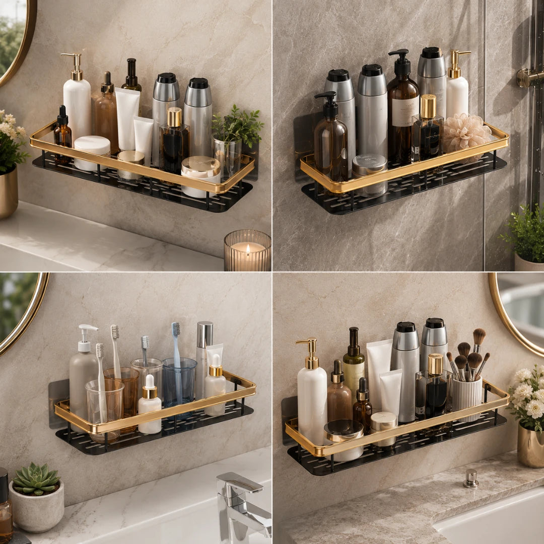 Josh & Tate - ShelfLoft™ Adhesive Shower Shelf - A four-panel collage showing a wall-mounted bathroom shelf in use. The shelf has a black metal frame with a brushed gold trim and holds assorted toiletries including bottles, jars, a candle, and small plants.