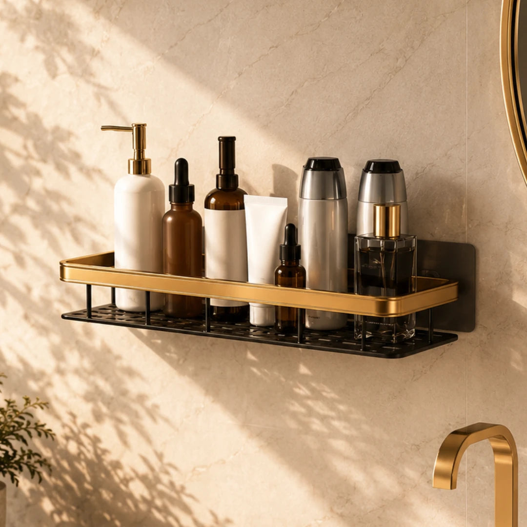 Josh & Tate - ShelfLoft™ Adhesive Shower Shelf - A wall-mounted bathroom shelf with a gold metal frame and black wire base, holding assorted toiletry bottles and containers against a beige marble-look wall with warm sunlight and leaf shadows.