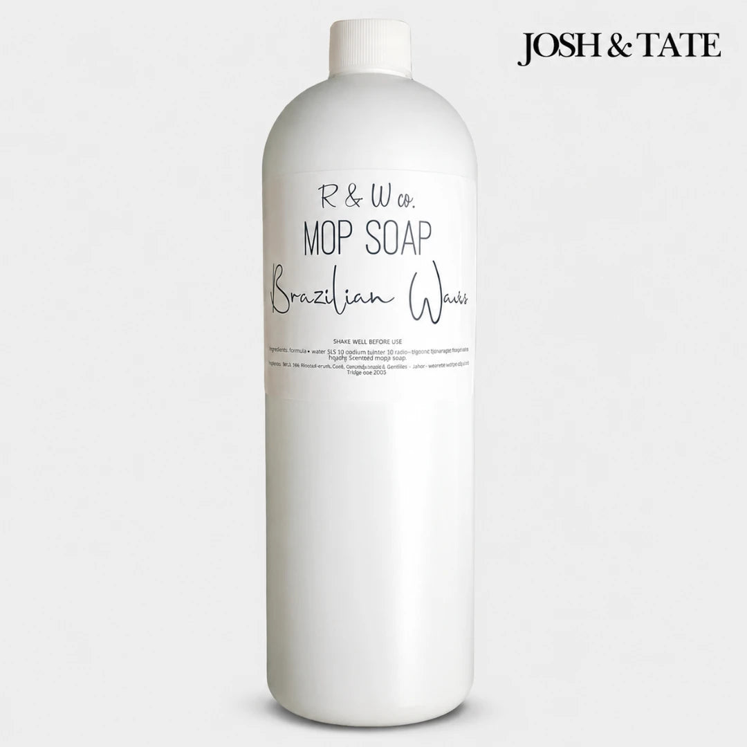 Josh & Tate - ShineCraft Multi-Surface Mop Soap - White bottle of R & W Co. Mop Soap with 'Brazilian Waxes' text on a white background, featuring the Josh & Tate brand.