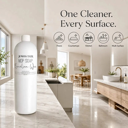 Josh & Tate - ShineCraft Multi-Surface Mop Soap - Bottle of Josh & Tate Mop Soap with a modern kitchen and bathroom in the background