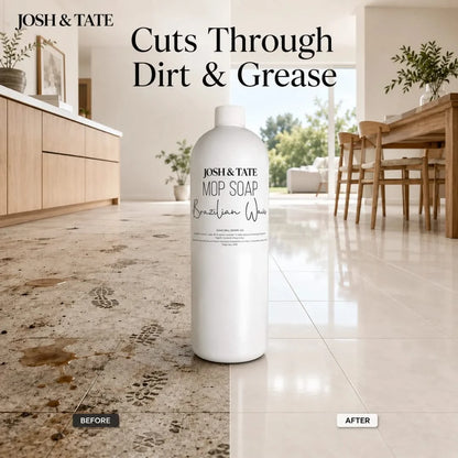 Josh & Tate - ShineCraft Multi-Surface Mop Soap - Bottle of Josh & Tate Mop Soap on a cleaned floor with before and after comparison.