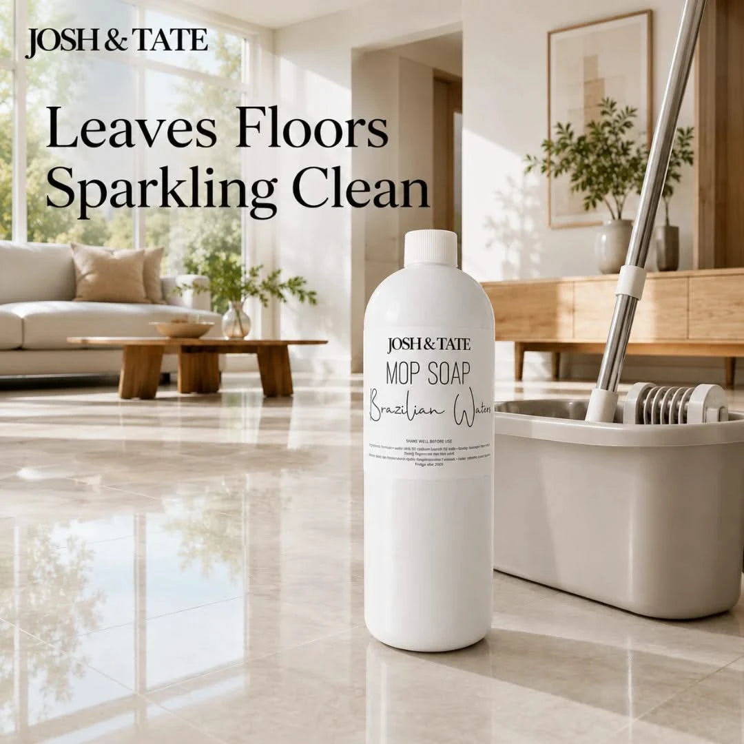 Josh & Tate - ShineCraft Multi-Surface Mop Soap - Josh & Tate mop soap bottle with a mop on a shiny floor in a modern living room.