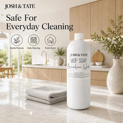 Josh & Tate - ShineCraft Multi-Surface Mop Soap - Josh & Tate mop soap bottle in a bright kitchen setting with text 'Safe For Everyday Cleaning'.