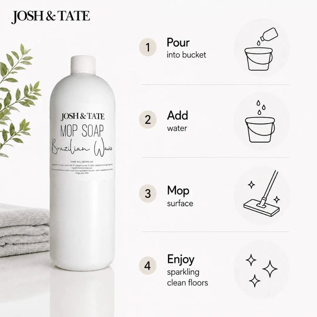 Josh & Tate - ShineCraft Multi-Surface Mop Soap - Josh & Tate mop soap bottle with cleaning instructions on a white background