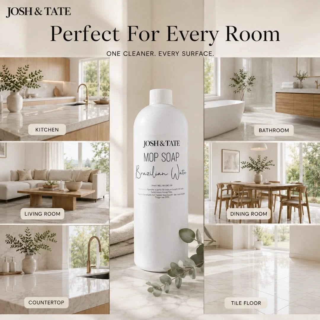 Josh & Tate mop soap bottle with lifestyle images of a home's different rooms.