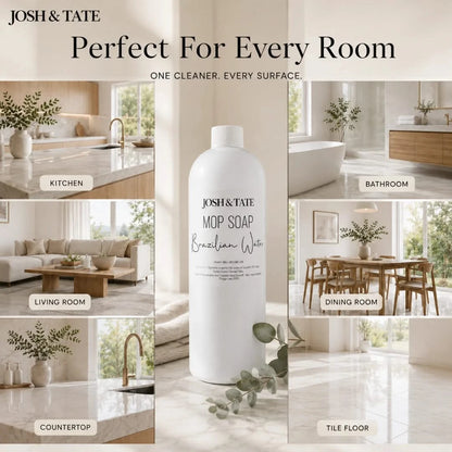 Josh & Tate mop soap bottle with lifestyle images of a home's different rooms.