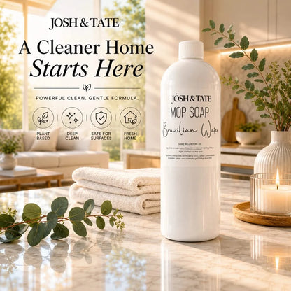 Bottle of Josh & Tate mop soap on a kitchen counter with text 'A Cleaner Home Starts Here'.