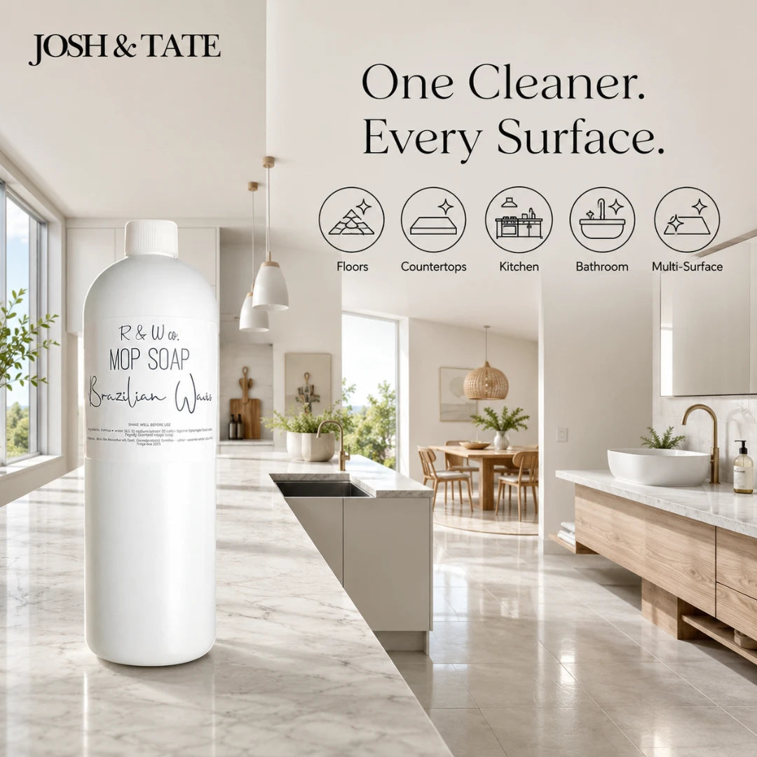 Josh & Tate - ShineCraft Multi-Surface Mop Soap - mop soap bottle with a modern kitchen and bathroom in the background