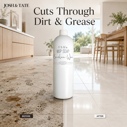 Josh & Tate - ShineCraft Multi-Surface Mop Soap - Bottle of Josh & Tate mop soap with a before-and-after comparison of a dirty floor to a clean one.