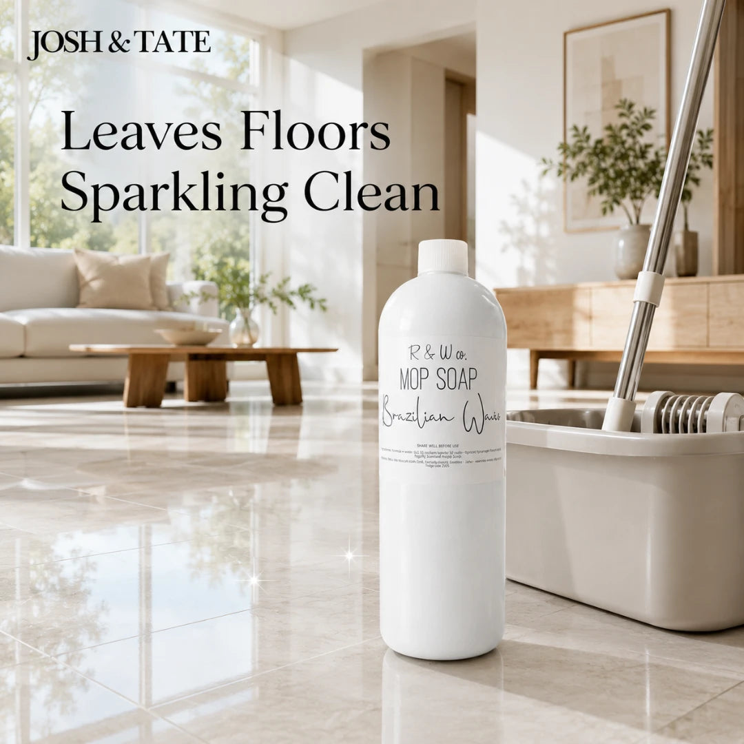 Josh & Tate - ShineCraft Multi-Surface Mop Soap - Mop soap bottle with mop on a shiny floor in a living room setting, featuring Josh & Tate brand.