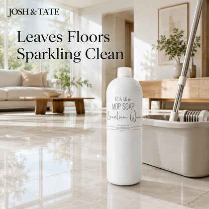 Josh & Tate - ShineCraft Multi-Surface Mop Soap - Mop soap bottle with mop on a shiny floor in a living room setting, featuring Josh & Tate brand.