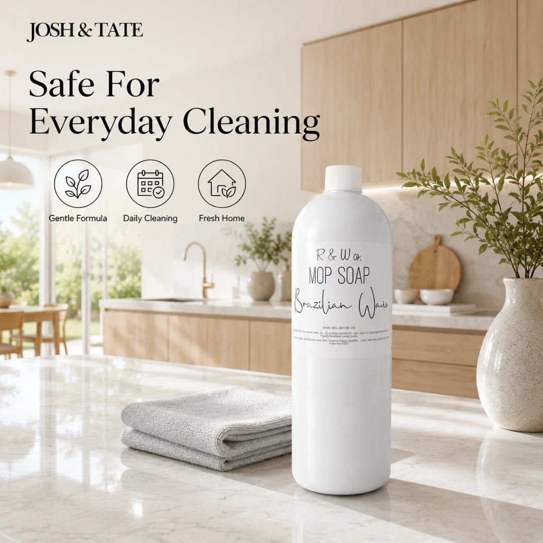 Josh & Tate - ShineCraft Multi-Surface Mop Soap - Bottle of R & W Mop Soap on a kitchen floor with text 'Safe For Everyday Cleaning' and product features.