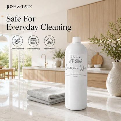 Josh & Tate - ShineCraft Multi-Surface Mop Soap - Bottle of R & W Mop Soap on a kitchen floor with text 'Safe For Everyday Cleaning' and product features.