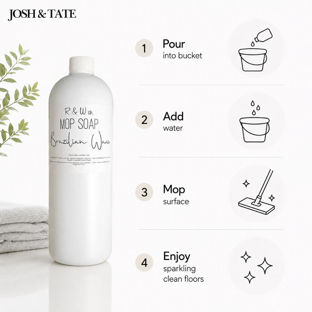 Josh & Tate - ShineCraft Multi-Surface Mop Soap - White bottle of mop soap with cleaning instructions on a white background