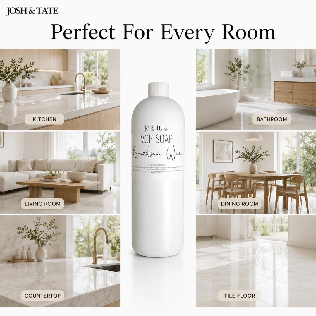 Josh & Tate - ShineCraft Multi-Surface Mop Soap - White bottle of R&W Mop Soap with images of a kitchen, bathroom, living room, dining room, and countertop.