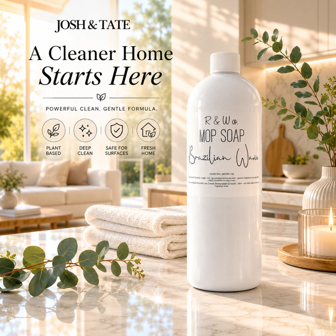 Josh & Tate - ShineCraft Multi-Surface Mop Soap - Bottle of mop soap on a kitchen counter with 'Josh & Tate' branding and a homey background.
