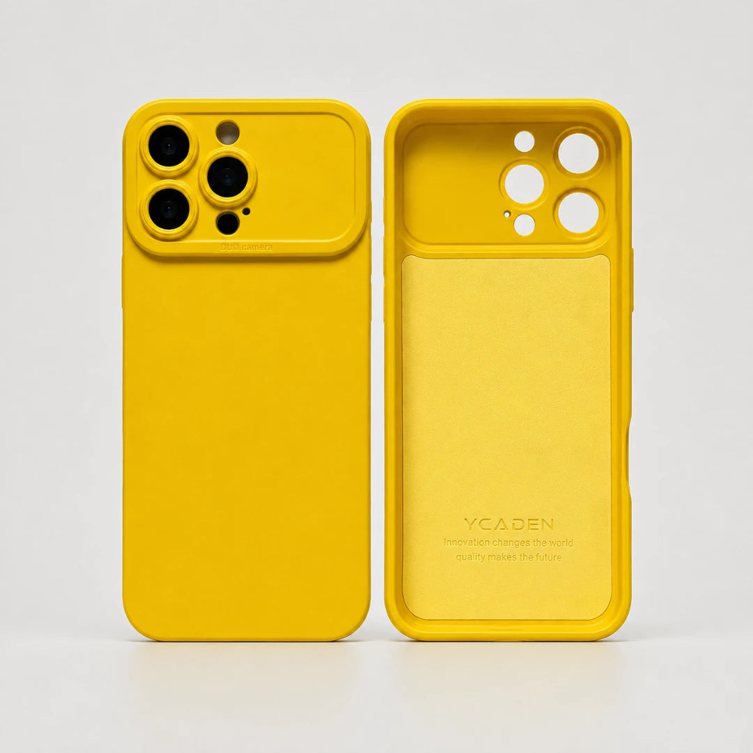 Josh & Tate - ShockProof™ iPhone Case - Two bright yellow phone cases shown side by side on a clean white background, one displaying the back with a raised camera cutout and the other showing the inner back with YCaden branding.
