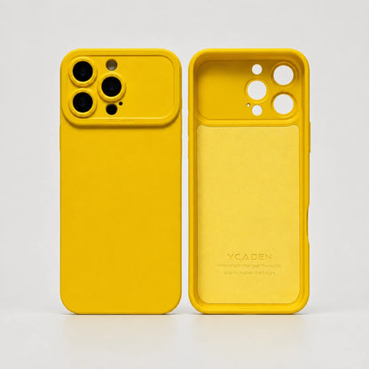 Josh & Tate - ShockProof™ iPhone Case - Two bright yellow phone cases shown side by side on a clean white background, one displaying the back with a raised camera cutout and the other showing the inner back with YCaden branding.